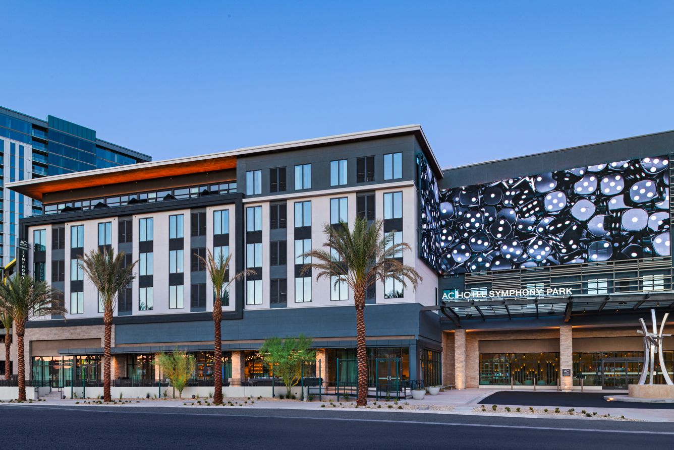 AC Hotel Las Vegas Symphony Park exterior at sunset