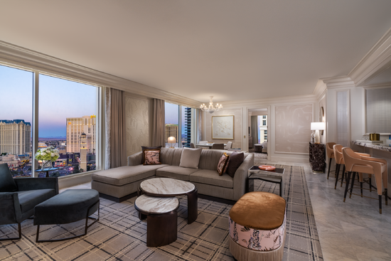 Bellagio Spa Tower penthouse suite living room with city view