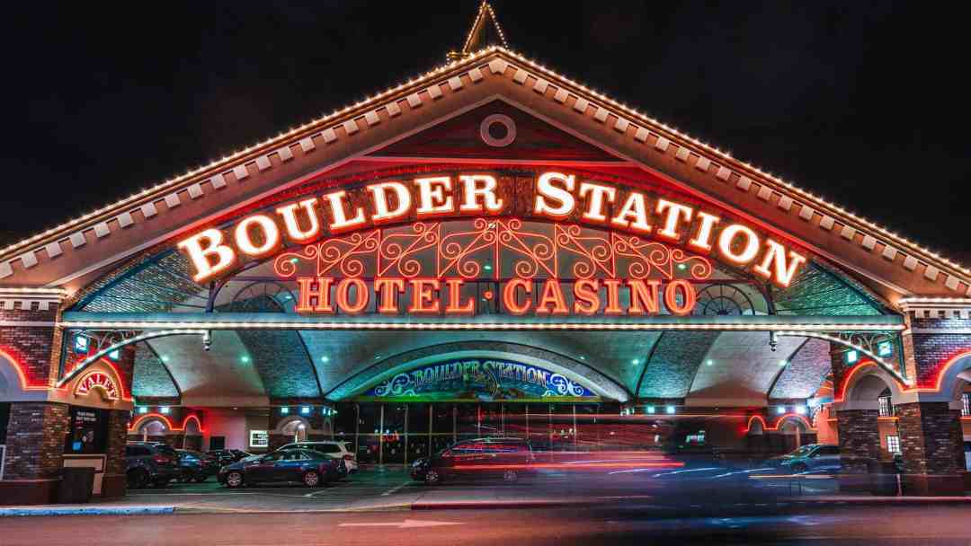 Boulder Station Hotel Casino exterior entrance at night