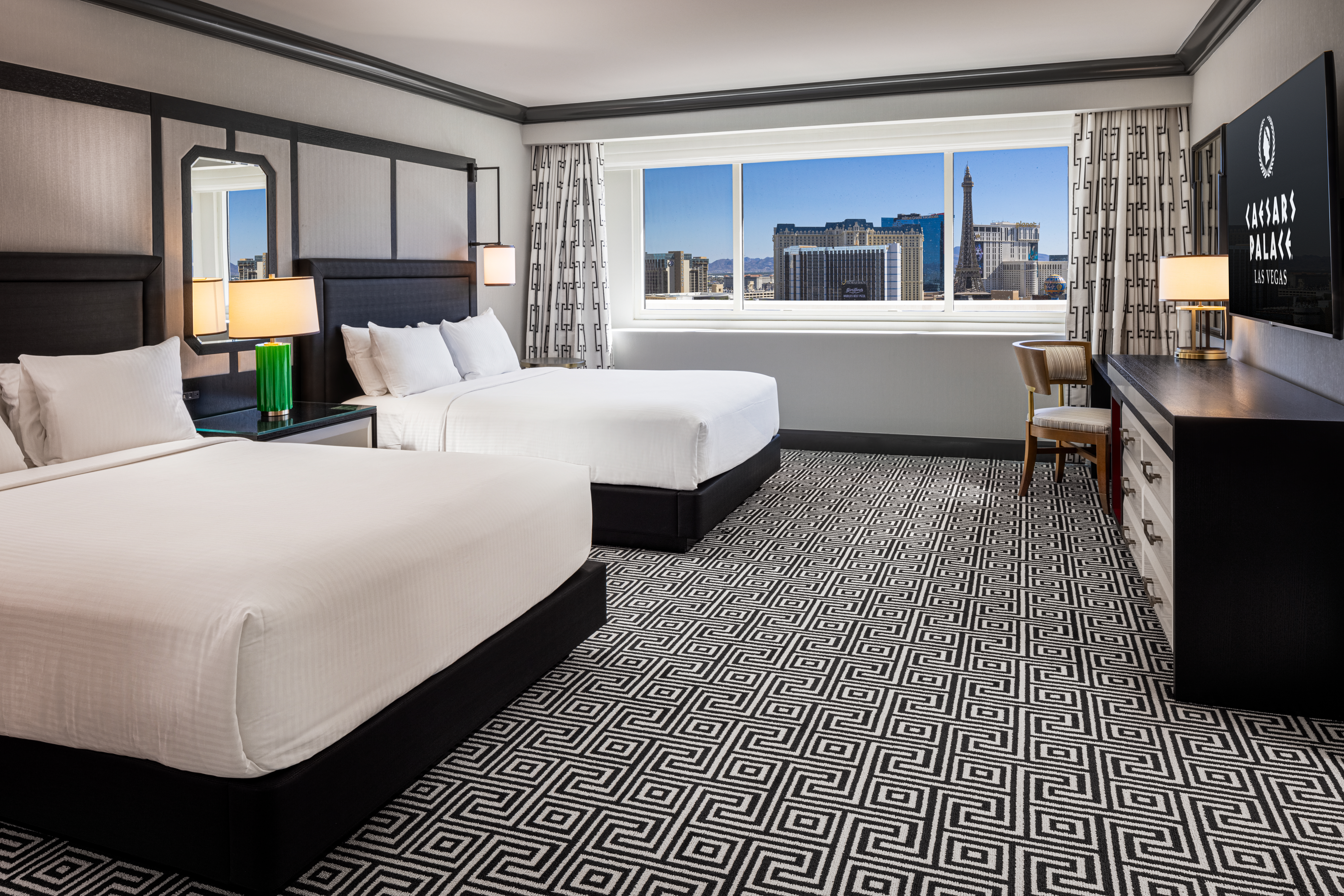 Caesars Palace Colosseum Tower strip-view suite bedroom with two queen beds