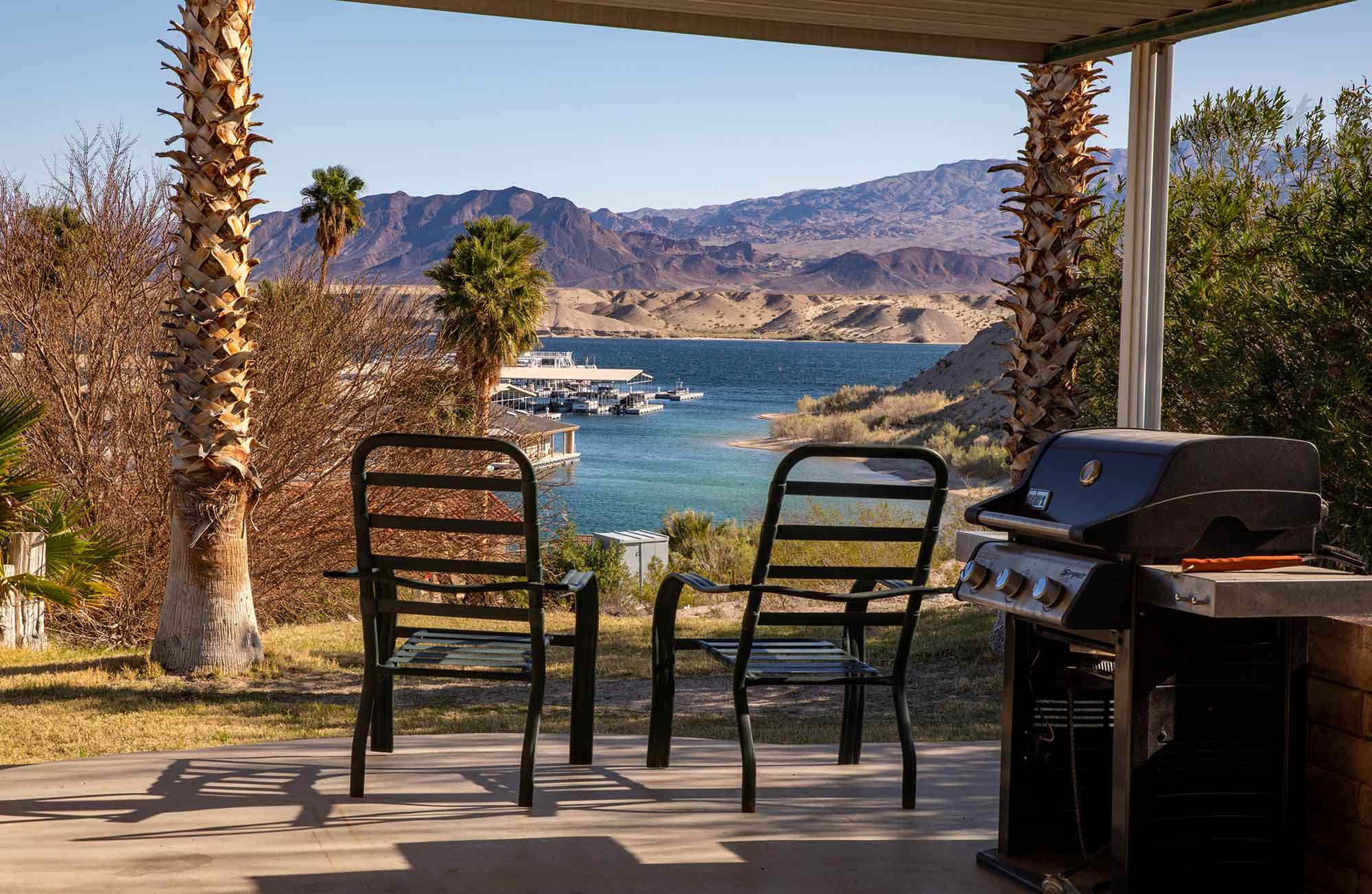 Cottonwood Cove Resort patio overlooking Lake Mohave marina