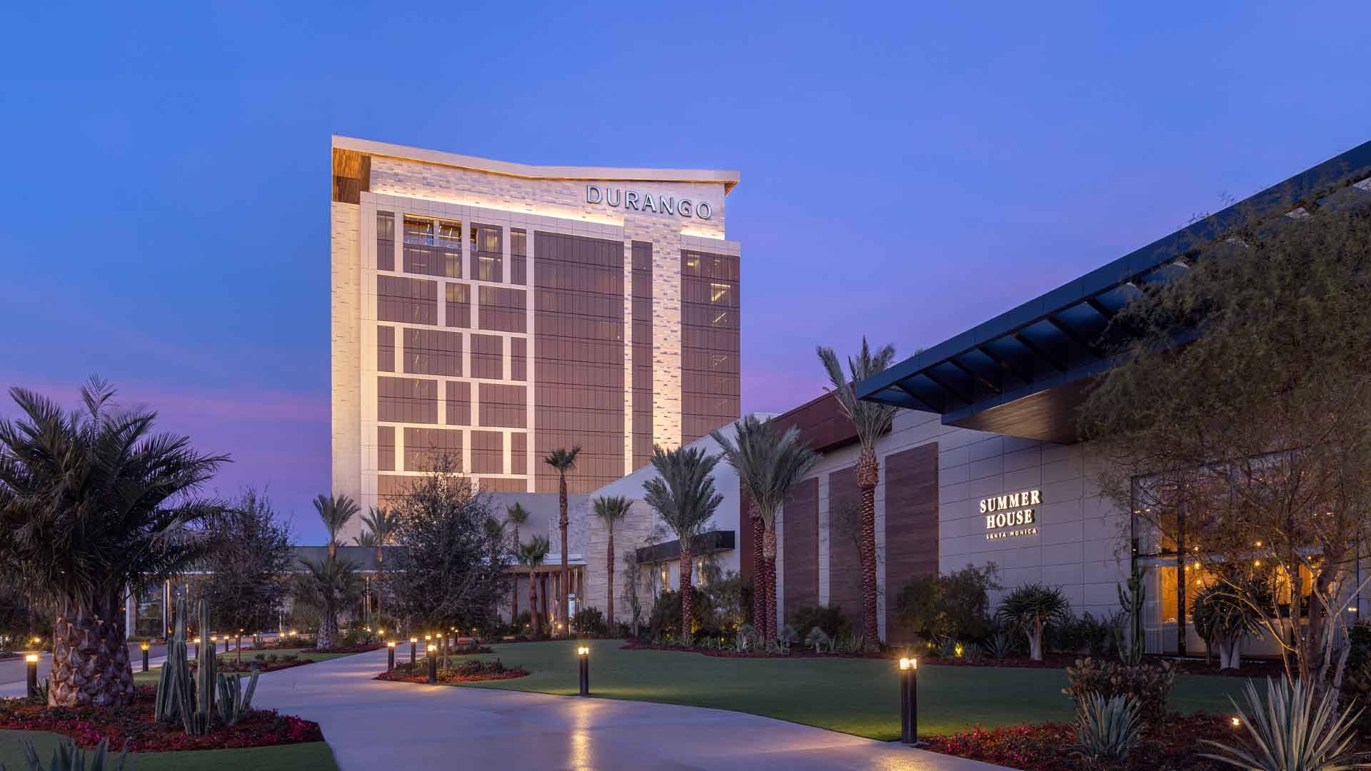 Durango Casino and Resort hotel tower at dusk
