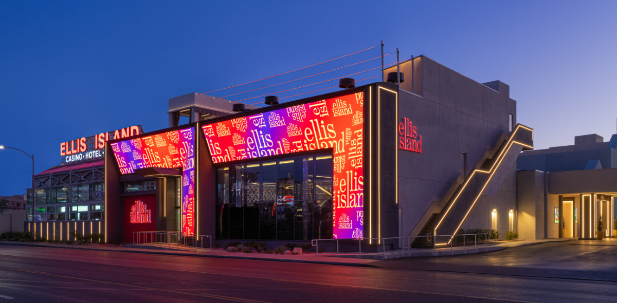 Ellis Island Hotel, Casino and Brewery exterior at dusk
