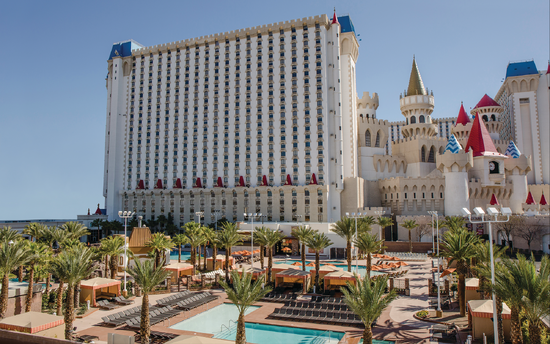 Excalibur hotel towers and castle exterior above the pool