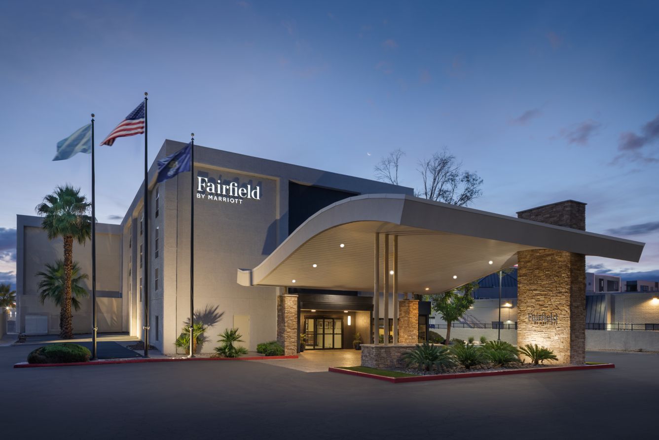 Fairfield Inn Las Vegas Convention Center exterior at dusk