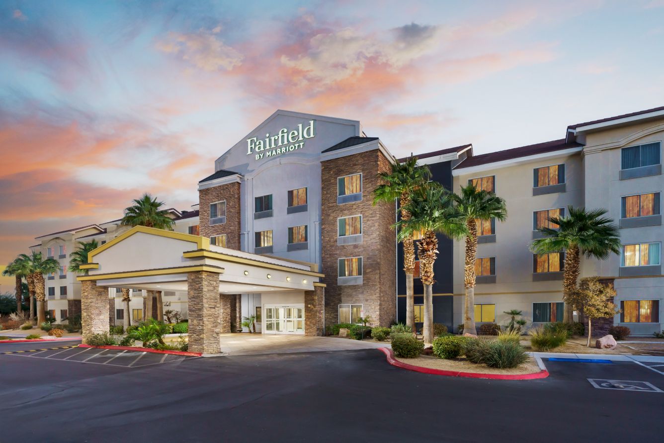 Fairfield Inn and Suites Las Vegas Stadium exterior at dusk