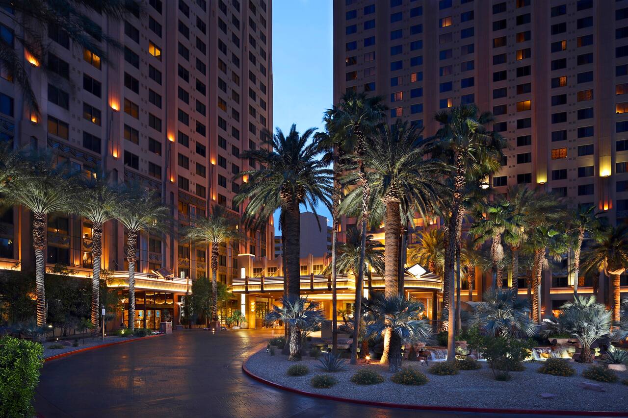 Hilton Grand Vacations Club on the Las Vegas Strip entrance at dusk