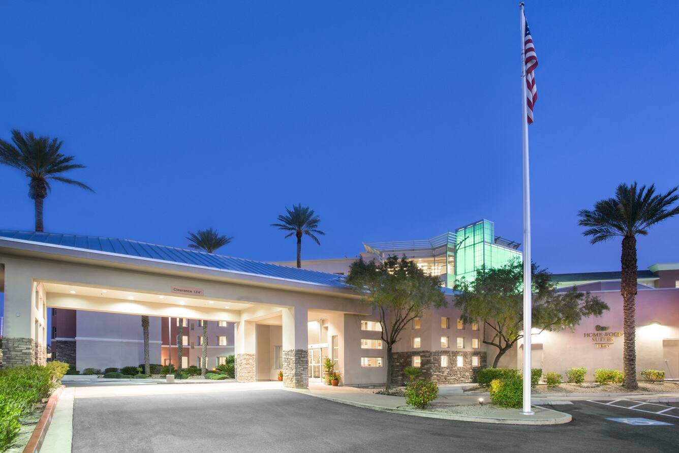 Homewood Suites by Hilton Henderson South Las Vegas hotel exterior at dusk