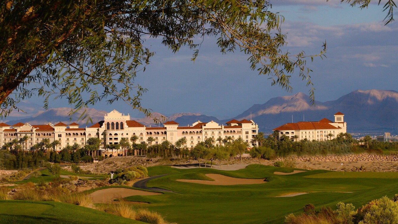 JW Marriott Las Vegas Resort and Spa beside its golf course and mountains