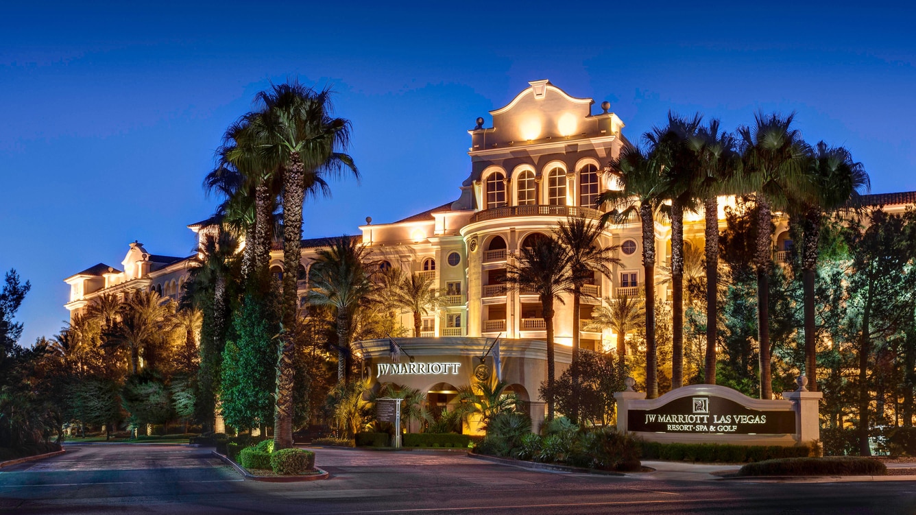 JW Marriott Las Vegas Resort and Spa illuminated entrance at dusk