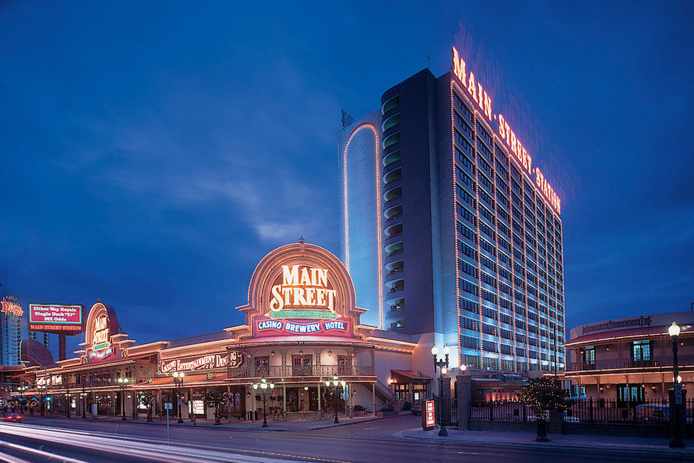 Main Street Station Casino Brewery Hotel exterior at dusk