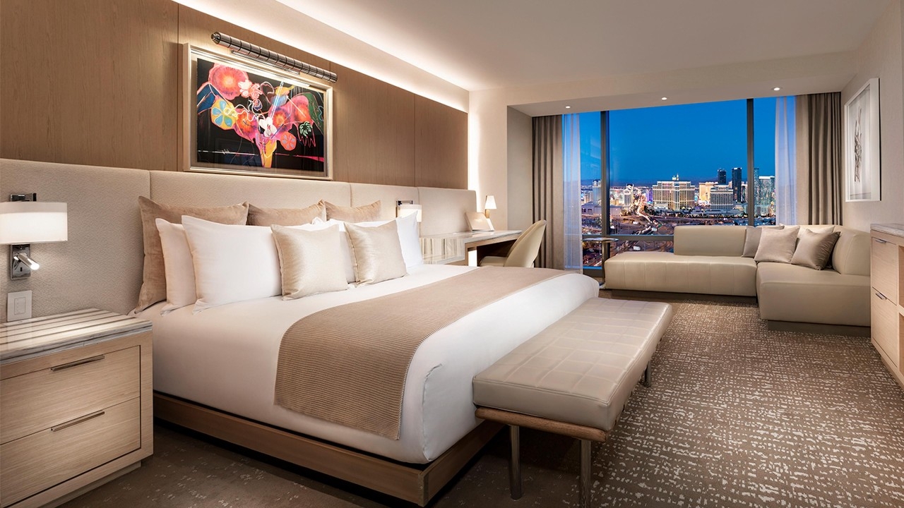 Palms Casino Resort king guest room with Las Vegas Strip view