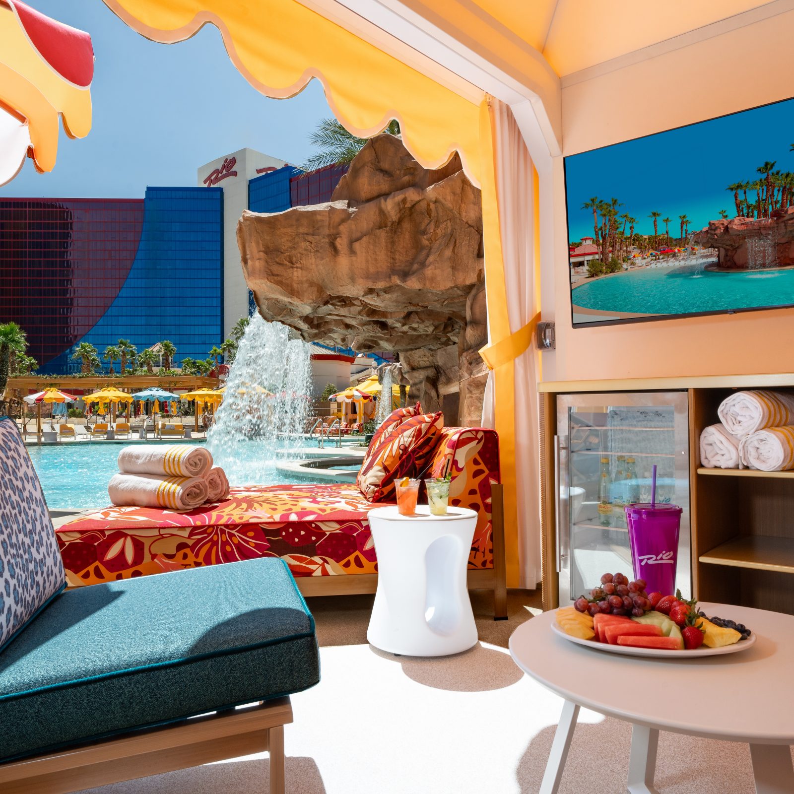 Rio Hotel & Casino pool cabana with the hotel towers behind it
