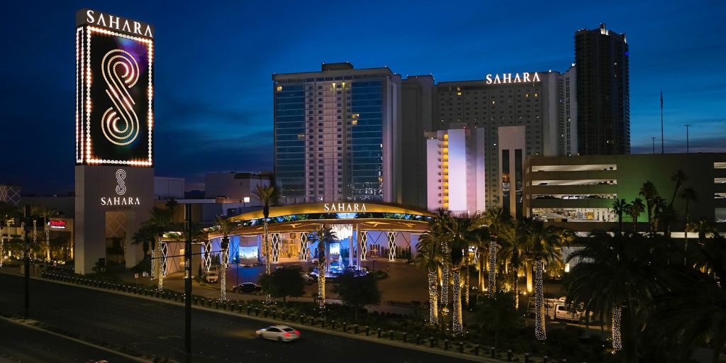 SAHARA Las Vegas towers and entrance at night