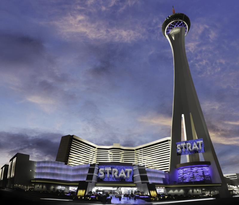 The STRAT Hotel Casino and Tower exterior at dusk