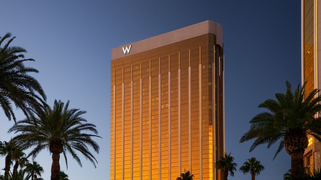 W Las Vegas exterior reflecting the sunset