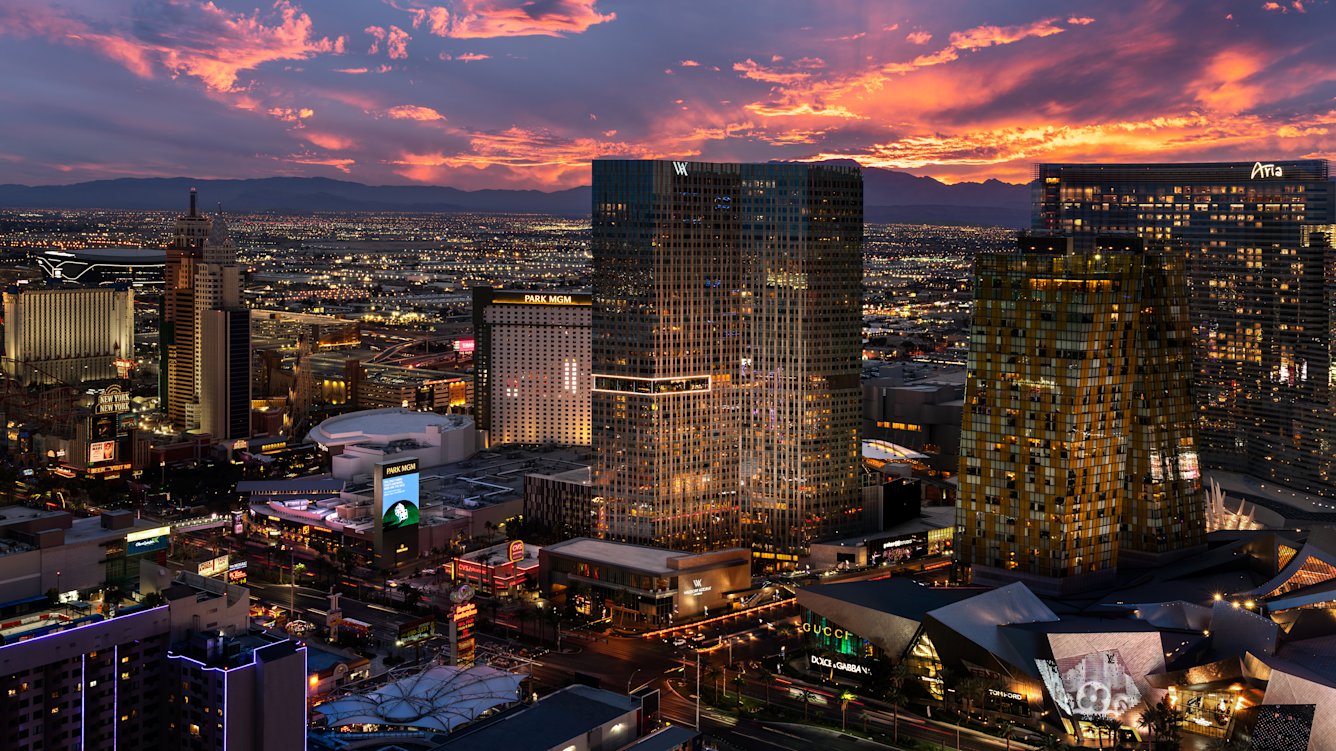 Waldorf Astoria Las Vegas exterior and surrounding skyline at sunset